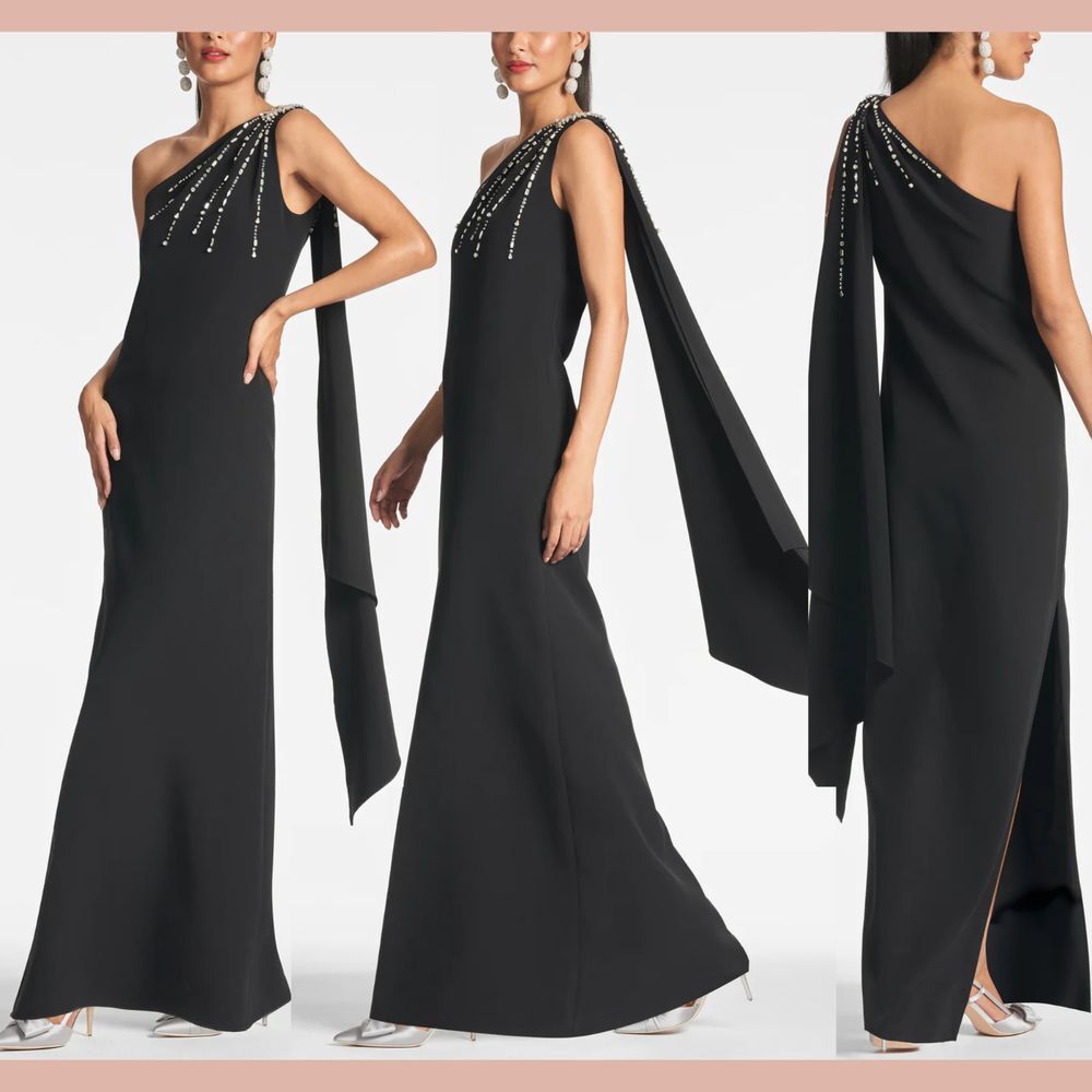 NWT SACHIN & BABI [ 4 ] Leslie Beaded Drape One-Shoulder Crepe Gown Black #Q1136